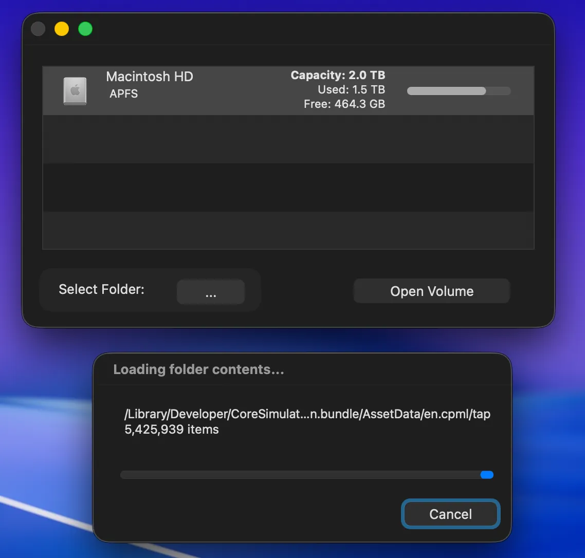 The volume picker showing Macintosh HD, and below it a panel reporting the folder being scanned and the number of items found